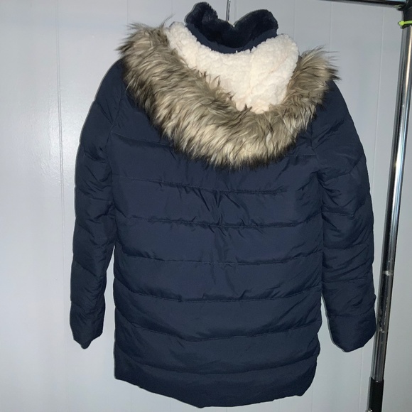 Abercrombie & Fitch navy blue puffer jacket Sz 11/12 faux fur trim hood zip snap - Picture 3 of 8